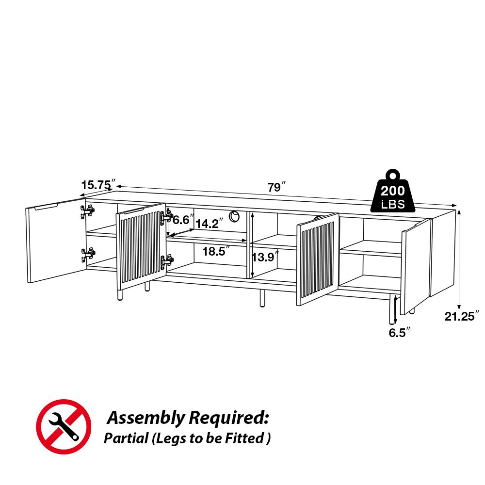 TV stand dimension drawing with shelf sizes, 200 lb top capacity, legs to be fitted