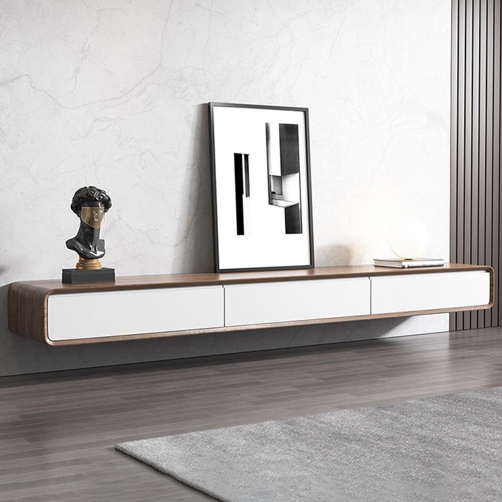 79" floating TV stand in dark wood and white mounted on a living room wall