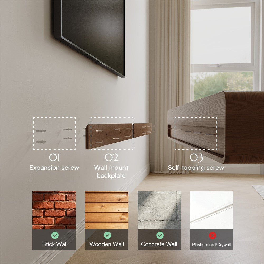 Wall mounting hardware and suitable wall types for floating TV stand