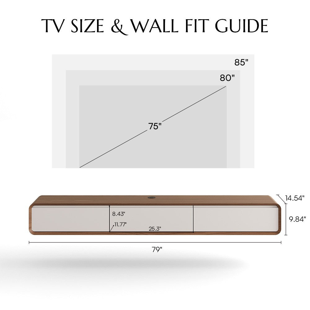 TV size and wall fit guide with floating TV stand dimensions