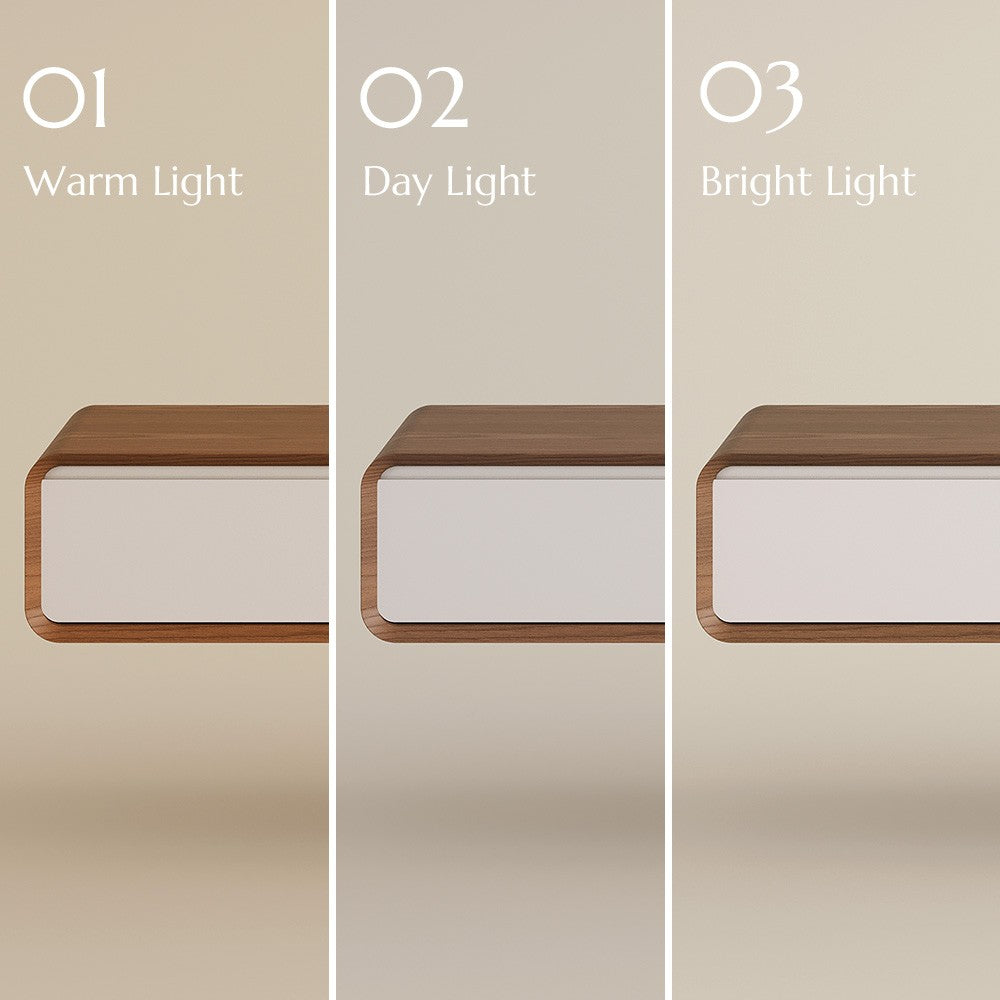 Dark wood and white finish shown in warm, day and bright light