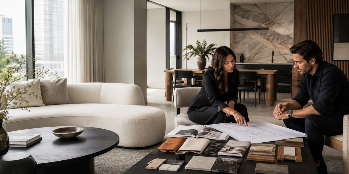 Interior designer and project manager reviewing furniture plans and material samples